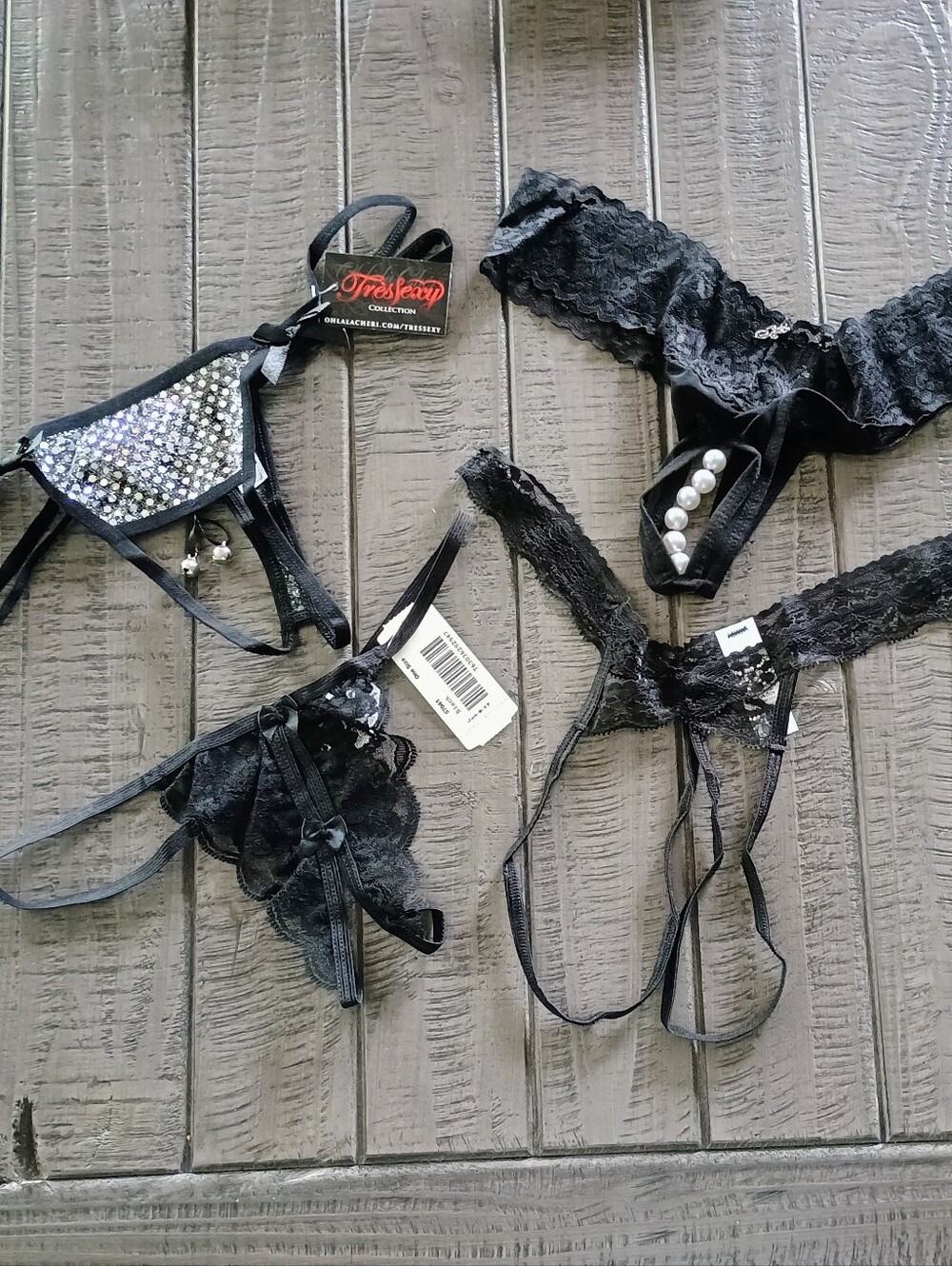 Sexy Black Lace & Embellished Thong Set with Pearls